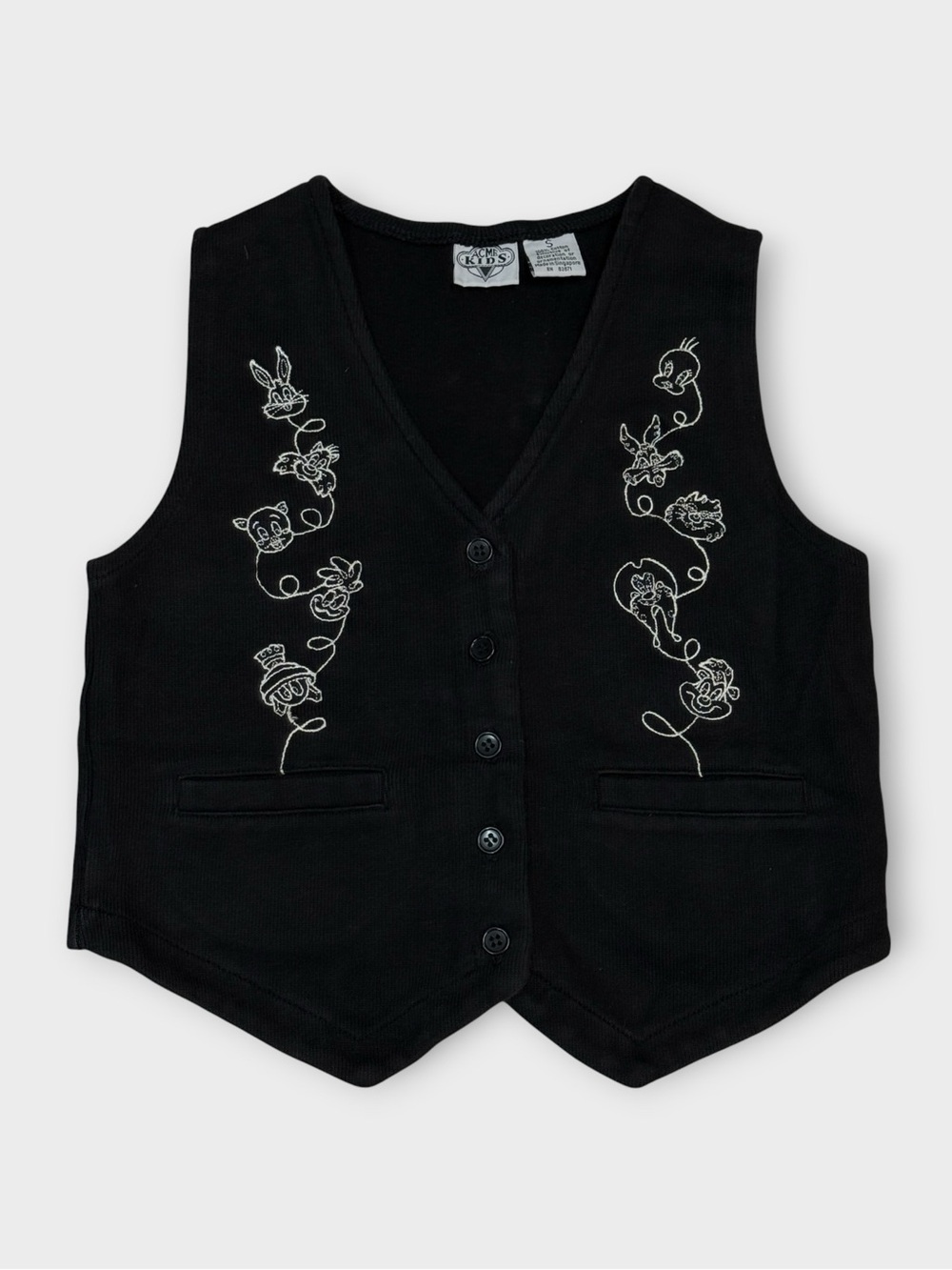 Vintage ACME Kids Looney Tunes Embroidered Sweater Vest Black Women’s S Y2K
